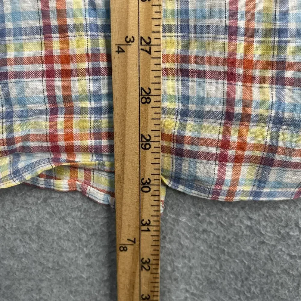 Alan Flusser Linen Blend Shirt Colorful Plaid Pocket Short Sleeve Button Up L